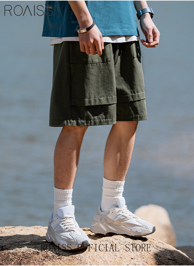 roaiss - Cotton Loose Outdoor Sports Shorts for Men Versatile Casual Drawstring Streamer Design Beach Shorts Mens Simple Comfortable Breathable Skin-Friendly Cargo Half Pants - Image 1
