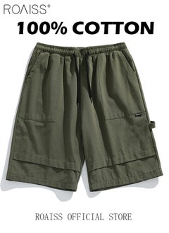 roaiss Cotton Loose Outdoor Sports Shorts for Men Versatile Casual Drawstring Streamer Design Beach Shorts Mens Simple Comfortable Breathable Skin-Friendly Cargo Half Pants  - Image 3