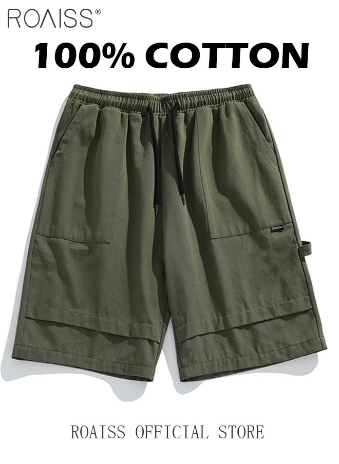 roaiss - Cotton Loose Outdoor Sports Shorts for Men Versatile Casual Drawstring Streamer Design Beach Shorts Mens Simple Comfortable Breathable Skin-Friendly Cargo Half Pants - Image 1