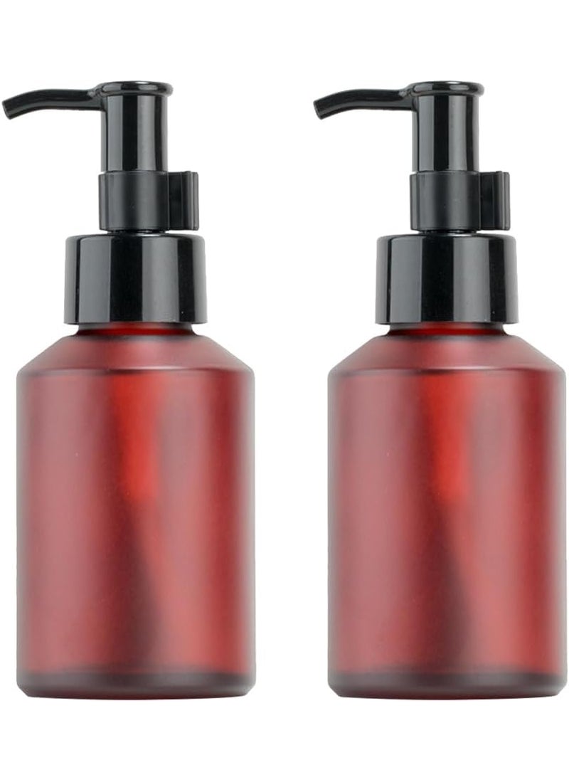 Happyupcity 2Pcs 60ml/2oz Empty Frosted Glass Wine Red Lotion Pump Bottles with Black Lock Pump Top Refillable Travel Soap Dispenser Cosmetic Press Bottle Containers for Essence Shampoo 