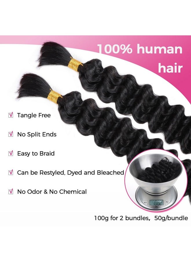 Lashey - Human Braiding Hair Bulk Human Hair For Braiding Deep Wave 100% Virgin Hair Bulk 100G 2 Bundlespack No Weft Human Hair Extensions For Boho Braids Knotless Box Braid Natural Black 16 Inch - Image 1