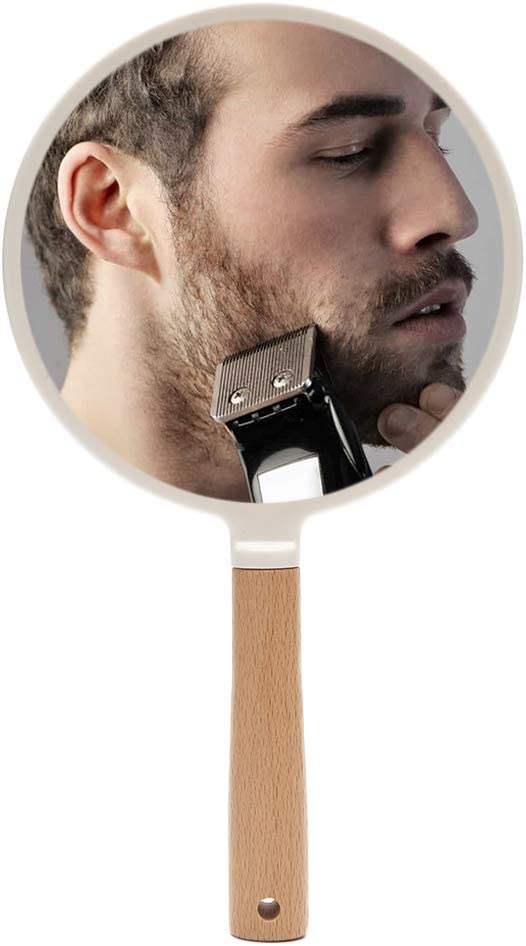 WE-CEF WECEF Portable Handheld Mirror with Wooden Handle for Makeup and Shaving Cute Small Travel Mirror with Hanging Hole SingleSided Square Vanity Mirror for Men and Women White Round  - Image 2
