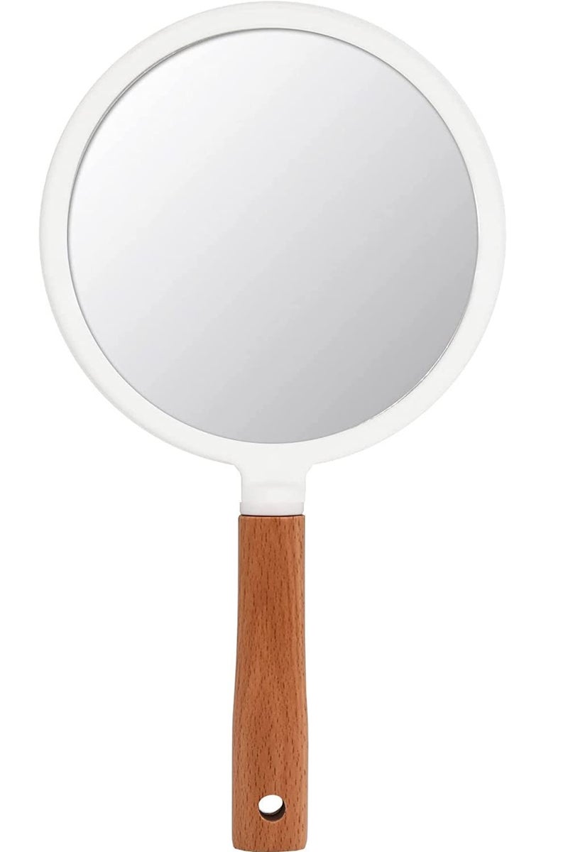 WE-CEF WECEF Portable Handheld Mirror with Wooden Handle for Makeup and Shaving Cute Small Travel Mirror with Hanging Hole SingleSided Square Vanity Mirror for Men and Women White Round  - Image 1