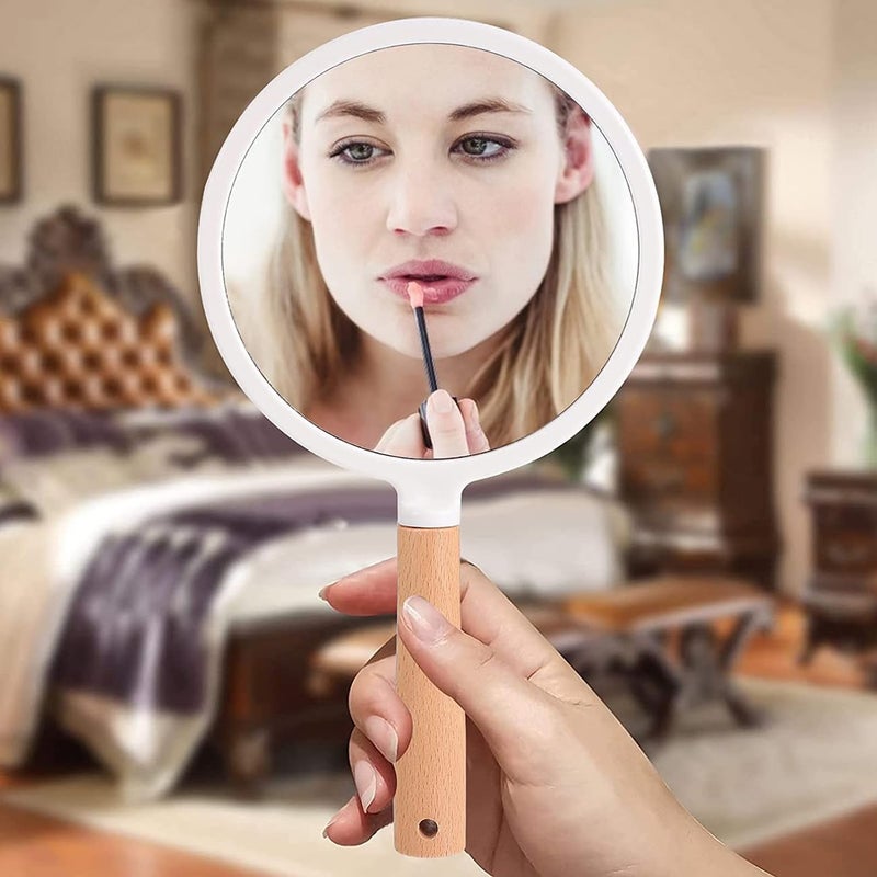 WE-CEF WECEF Portable Handheld Mirror with Wooden Handle for Makeup and Shaving Cute Small Travel Mirror with Hanging Hole SingleSided Square Vanity Mirror for Men and Women White Round  - Image 3