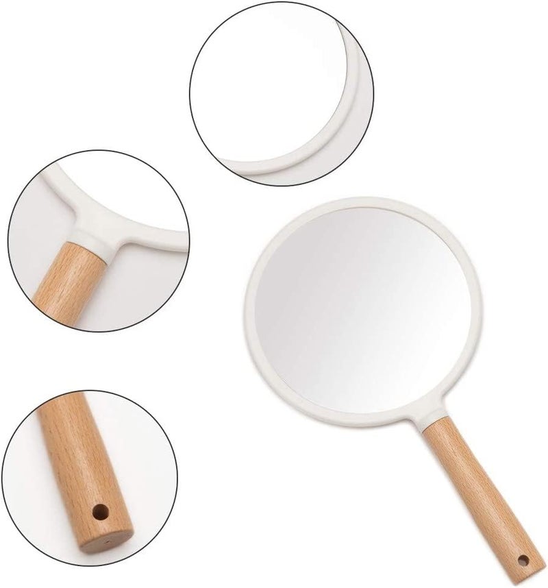 WE-CEF WECEF Portable Handheld Mirror with Wooden Handle for Makeup and Shaving Cute Small Travel Mirror with Hanging Hole SingleSided Square Vanity Mirror for Men and Women White Round  - Image 5