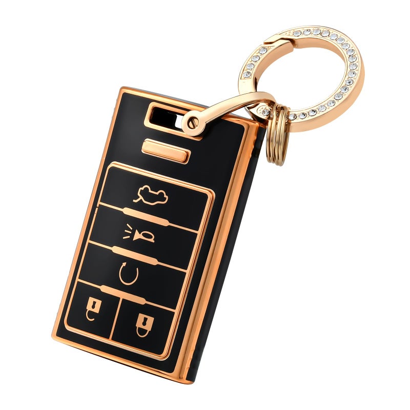 OFFCURVE Key Fob Cover with Keychain for Cadillac TPU Car Key Case Protector for Cadillac SRX ATS ELR XTS 2010 2011 2012 2013 2014 2015 Keyless Entry Remote Control Start Car Key Accessories Black