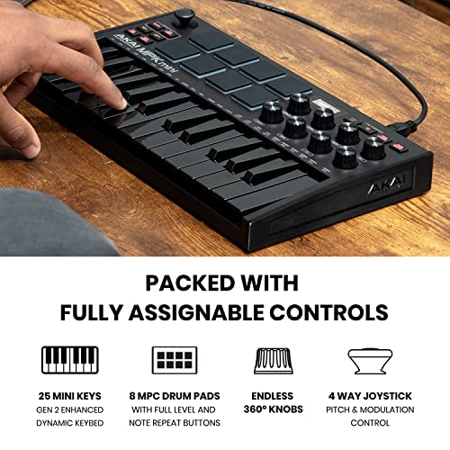 Akai Professional أكاي بروفيشينال MPK ميني MK3 - وحدة تحكم لوحة مفاتيح MIDI USB بـ 25 مفتاح مع 8 وسادات درام مضاءة، 8 مقبض، برنامج إنتاج موسيقي وحزمة صوتية من Native Instruments (تكامل NKS)، أسود - Image 3