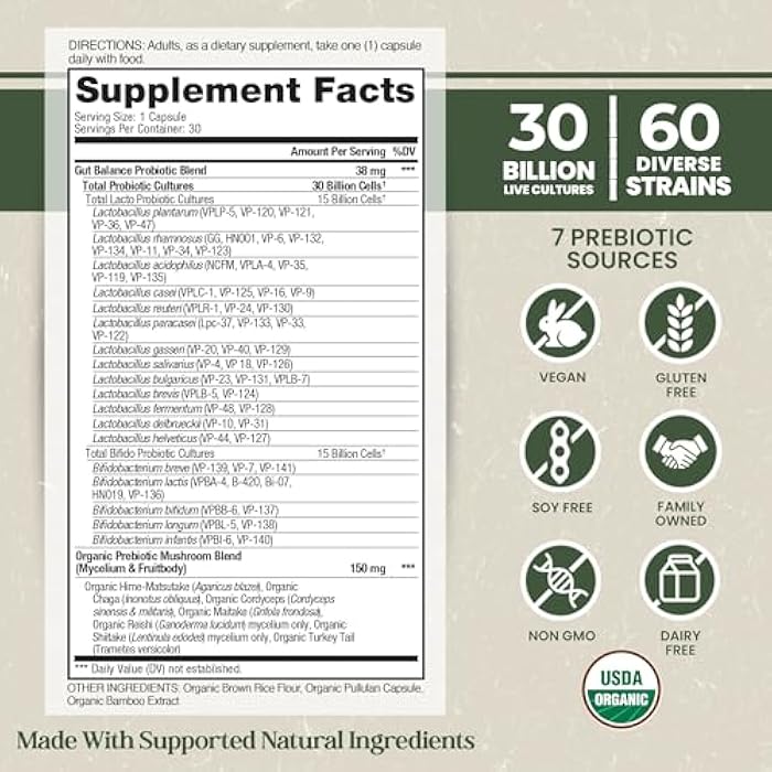 Vital Planet - Organic Flora Probiotics for Gut Health Balance, Shelf Stable Probiotic 30 Billion CFU, 60 Diverse Strains, Prebiotic Organic Mushroom Blend for Immune and Digestive Support 30 Capsules - Image 2