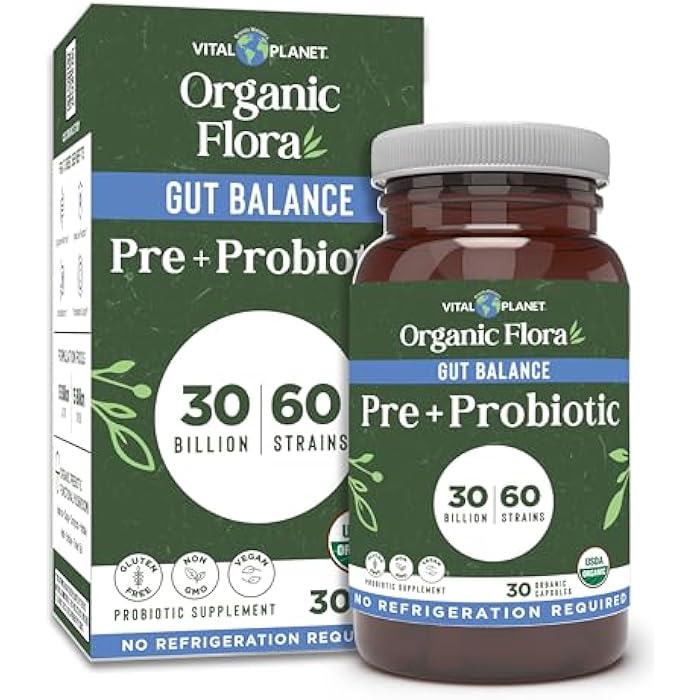 Vital Planet - Organic Flora Probiotics for Gut Health Balance, Shelf Stable Probiotic 30 Billion CFU, 60 Diverse Strains, Prebiotic Organic Mushroom Blend for Immune and Digestive Support 30 Capsules - Image 1