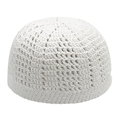 TheKufi قبعة كوفي بيضاء ضيقة وفضفاضة بنسيج مختلط وكروشيه مريح من القطن، قبعة مسلم كوفي، قبعة صلاة للجمجمة (S) - Image 5