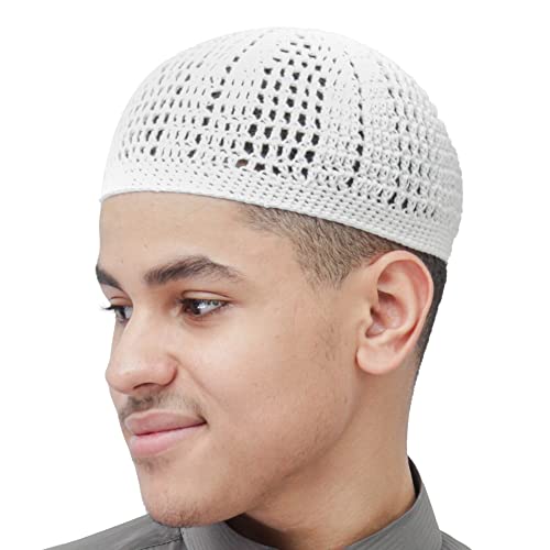 TheKufi قبعة كوفي بيضاء ضيقة وفضفاضة بنسيج مختلط وكروشيه مريح من القطن، قبعة مسلم كوفي، قبعة صلاة للجمجمة (S) - Image 1