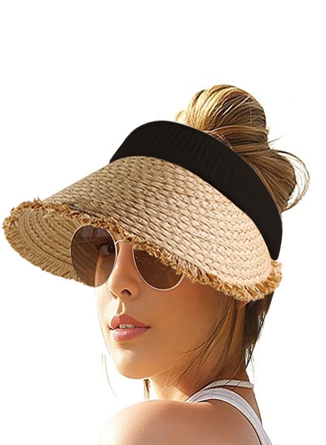 HAWAWA Women's Sun Visor Hats Wide Brim Straw Visors Foldable Beach Visors Summer Roll Up Ponytail Beach Hat  for Women Girl Travel - Image 1