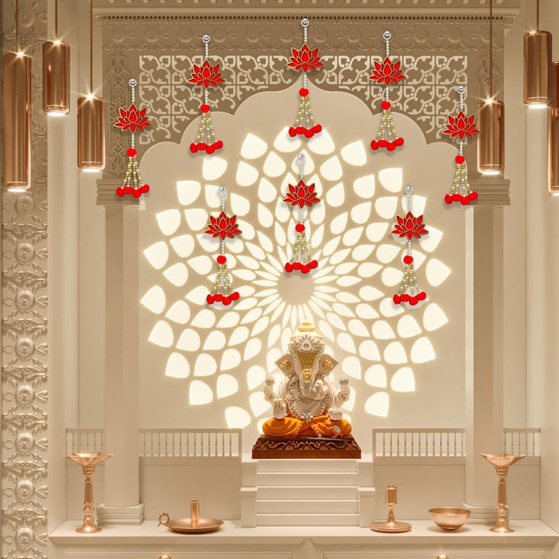 HNA GIFTING HNA GIFTING Handmade Wall Decor Lotus with jhumki Style Hanging for Home DecorDiwali DecorWedding and All Festival Decor Lotus with Pom Pom Pack of 8  - Image 2