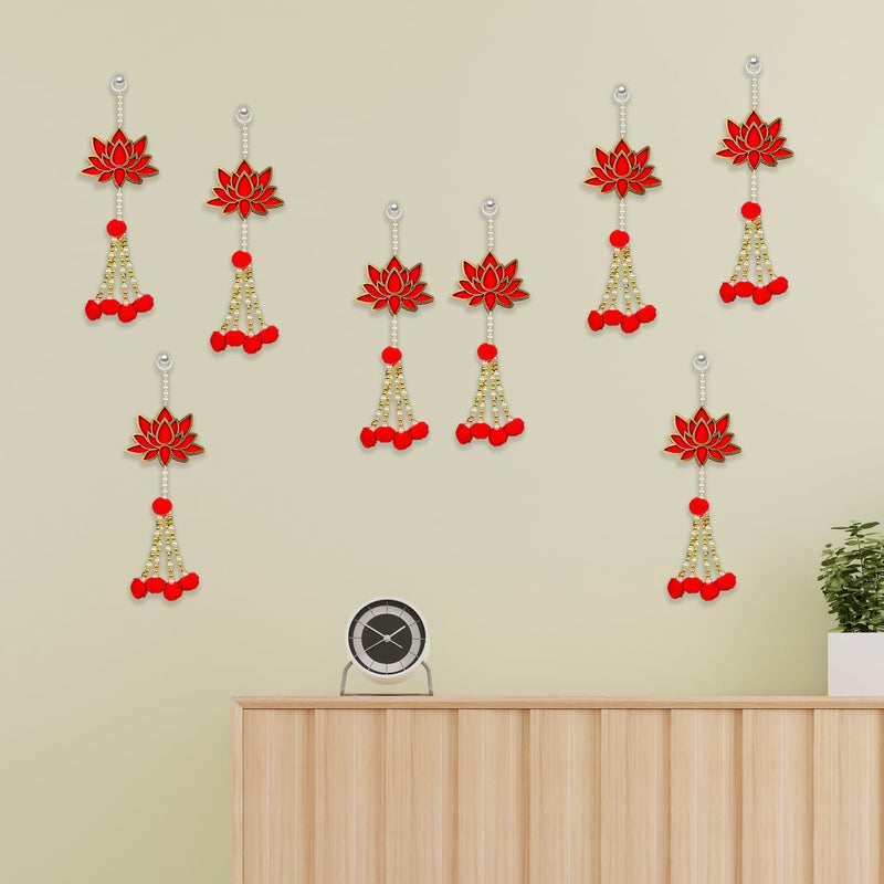 HNA GIFTING HNA GIFTING Handmade Wall Decor Lotus with jhumki Style Hanging for Home DecorDiwali DecorWedding and All Festival Decor Lotus with Pom Pom Pack of 8  - Image 5