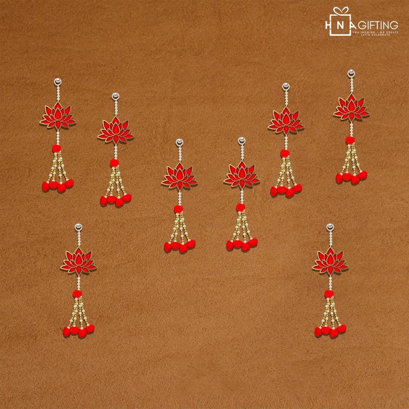 HNA GIFTING HNA GIFTING Handmade Wall Decor Lotus with jhumki Style Hanging for Home DecorDiwali DecorWedding and All Festival Decor Lotus with Pom Pom Pack of 8  - Image 4