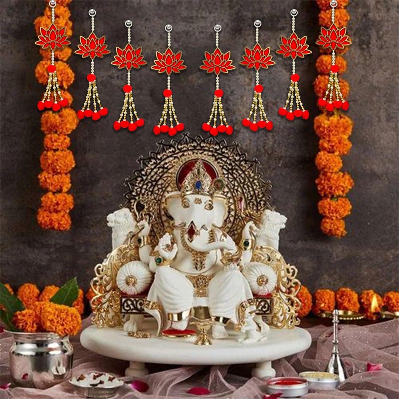 HNA GIFTING HNA GIFTING Handmade Wall Decor Lotus with jhumki Style Hanging for Home DecorDiwali DecorWedding and All Festival Decor Lotus with Pom Pom Pack of 8  - Image 3