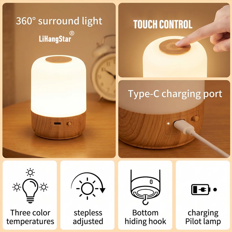 LED Smart Touch Night Light with Faux Wood-grain Base - Image 5