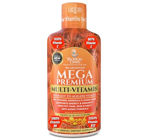 Tropical Oasis Mega Premium Liquid Multivitamin Natural Immune Support Vitamin w 1333 Vitamin C 200 D3 Zinc 20 Vitamins 70 Minerals 21 Amino Acids Sugar Free Orange Flavor 98 Absorption 32 Serv