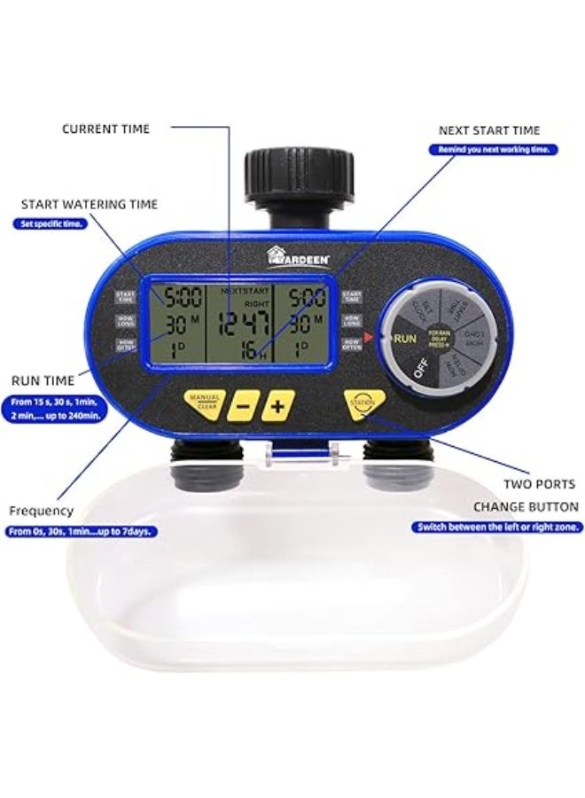Yardeen Programmable Garden Hose Watering Timer with Delay and Manual Function, Dual Solenoid Valve Electronic Irrigation Controller, Automatic Water Sprinkler Timer – Blue - Image 2