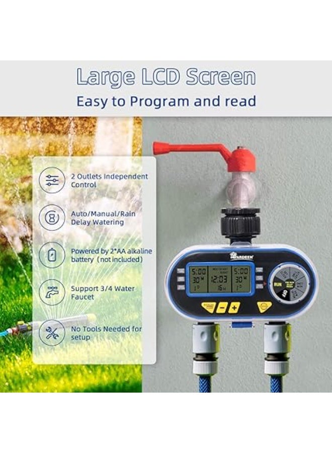 Yardeen Programmable Garden Hose Watering Timer with Delay and Manual Function, Dual Solenoid Valve Electronic Irrigation Controller, Automatic Water Sprinkler Timer – Blue - Image 3