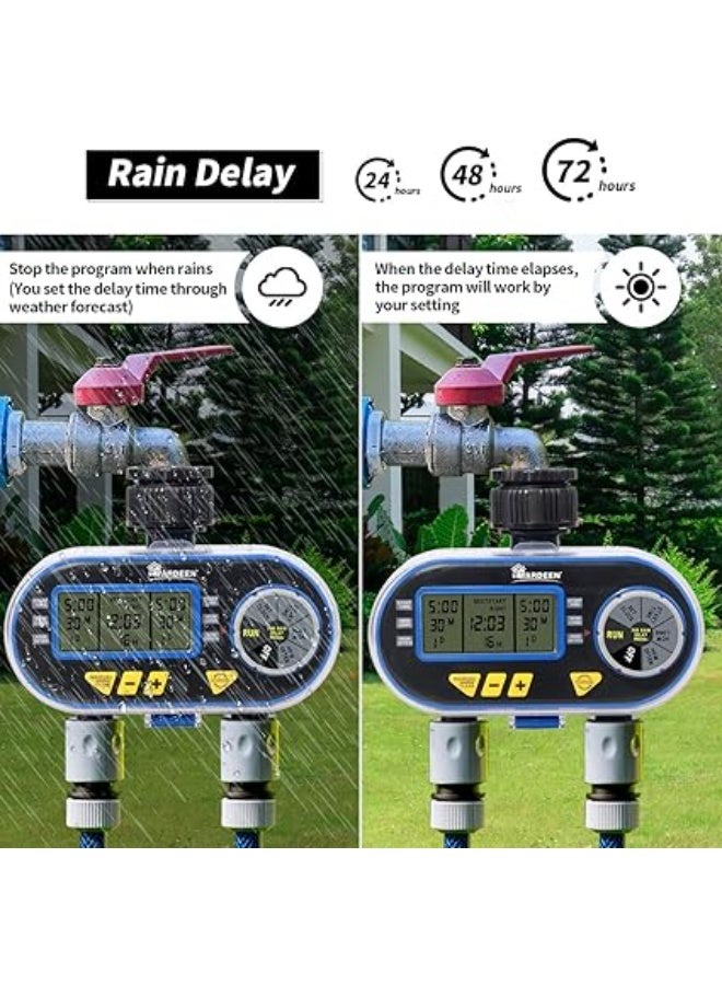 Yardeen Programmable Garden Hose Watering Timer with Delay and Manual Function, Dual Solenoid Valve Electronic Irrigation Controller, Automatic Water Sprinkler Timer – Blue - Image 4
