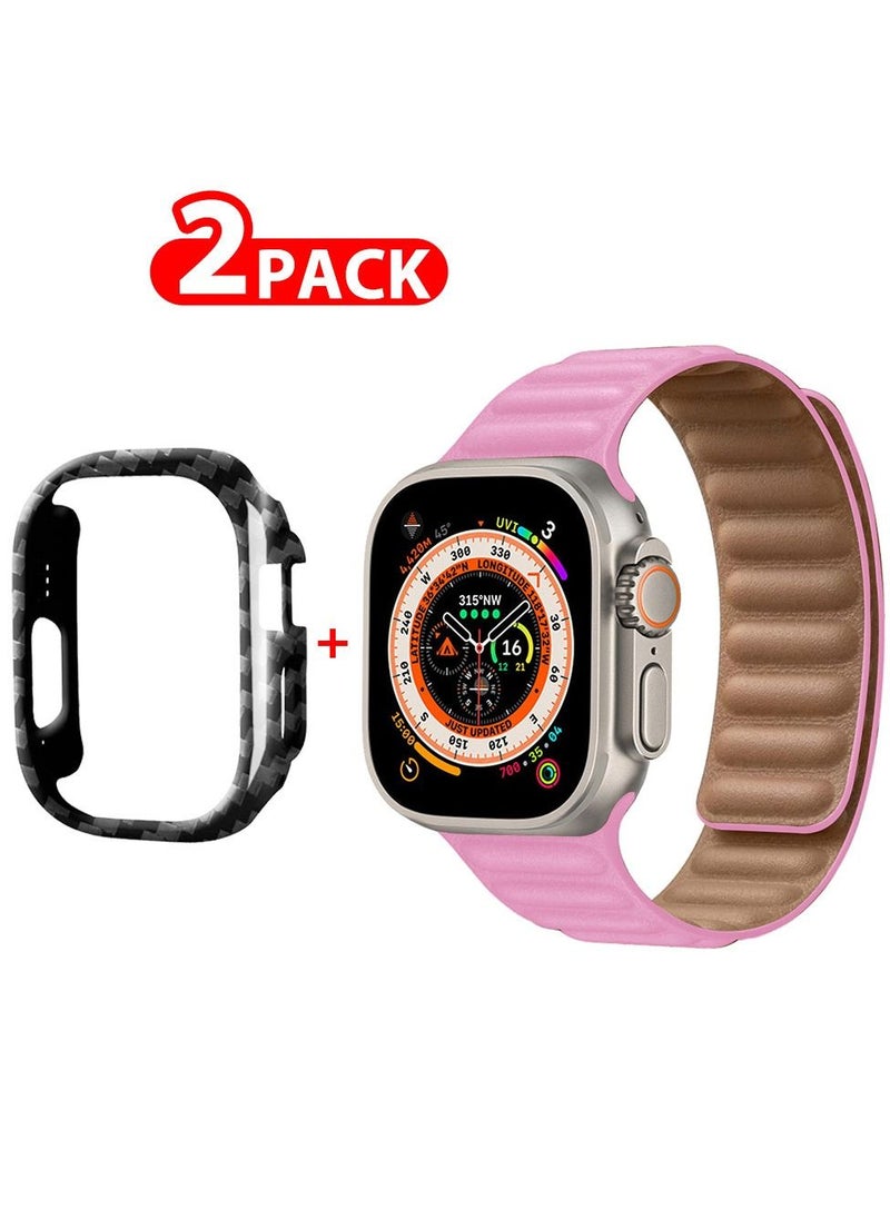 CATANES - 2 Packs For Apple Watch Band 49mm Leather Link Strap Magnetic Loop Bracelet and Carbon Fiber Cup Holder Pink - Image 1