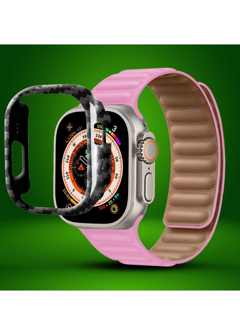 CATANES - 2 Packs For Apple Watch Band 49mm Leather Link Strap Magnetic Loop Bracelet and Carbon Fiber Cup Holder Pink - Image 1