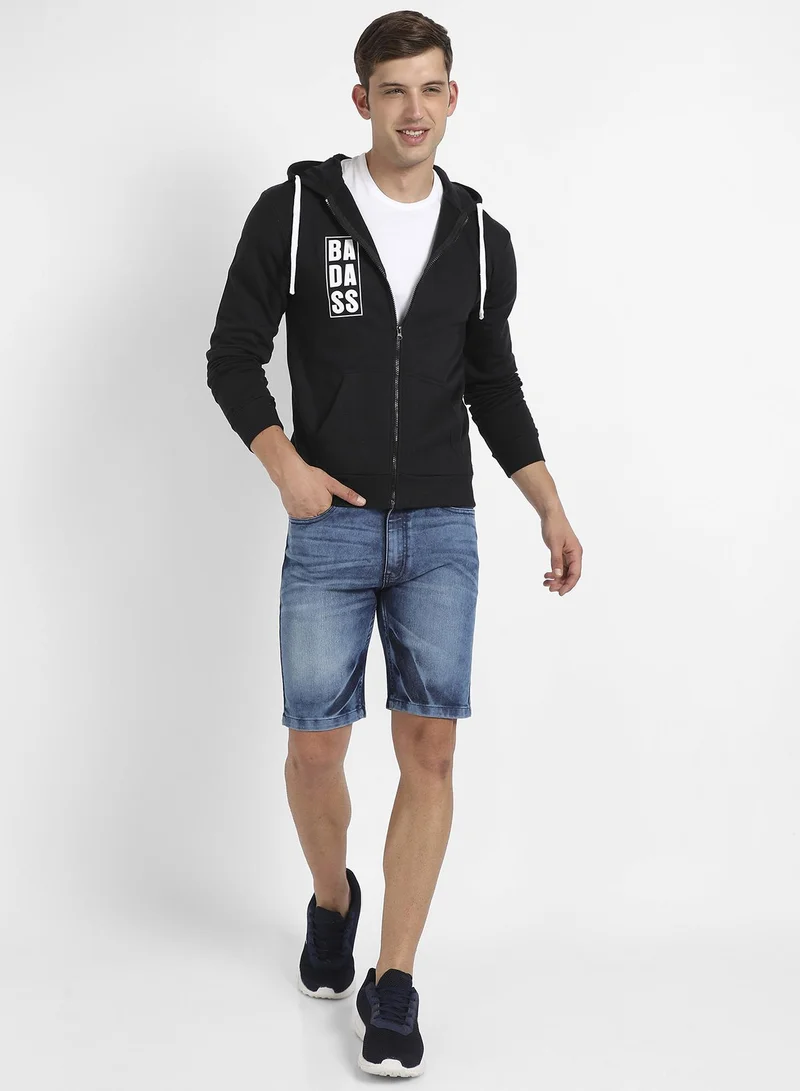 Campus Sutra Men's Black Zip-Front Typographic Print Hoodie