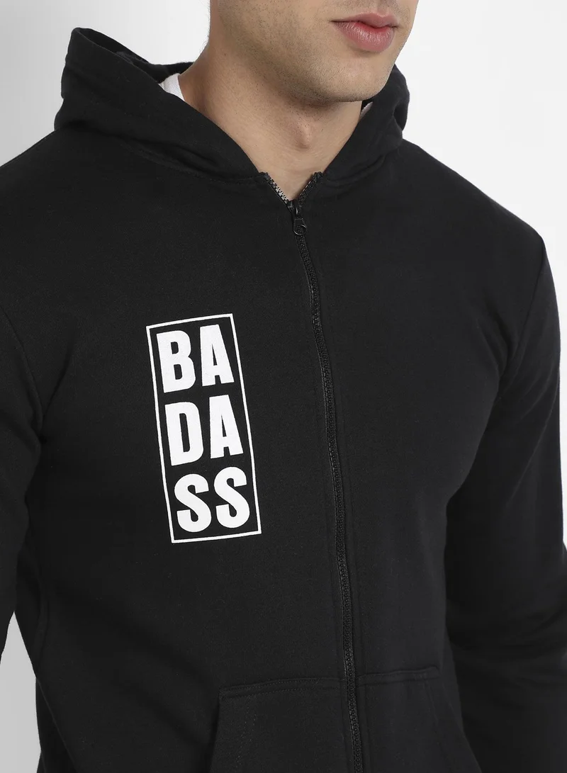 Campus Sutra Men's Black Zip-Front Typographic Print Hoodie