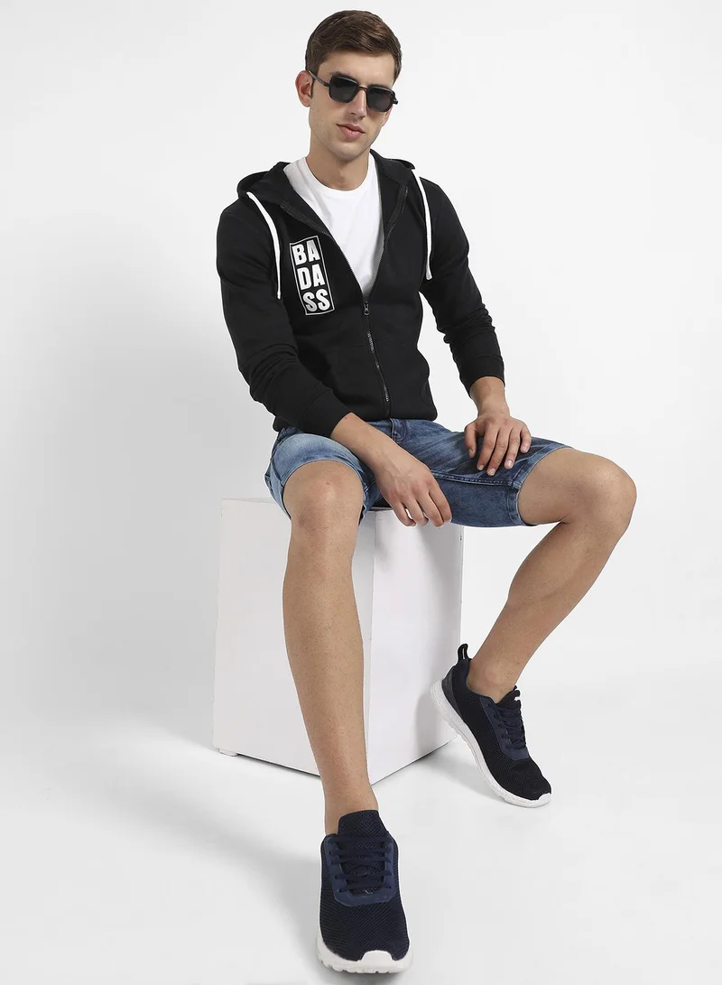 Campus Sutra Men's Black Zip-Front Typographic Print Hoodie