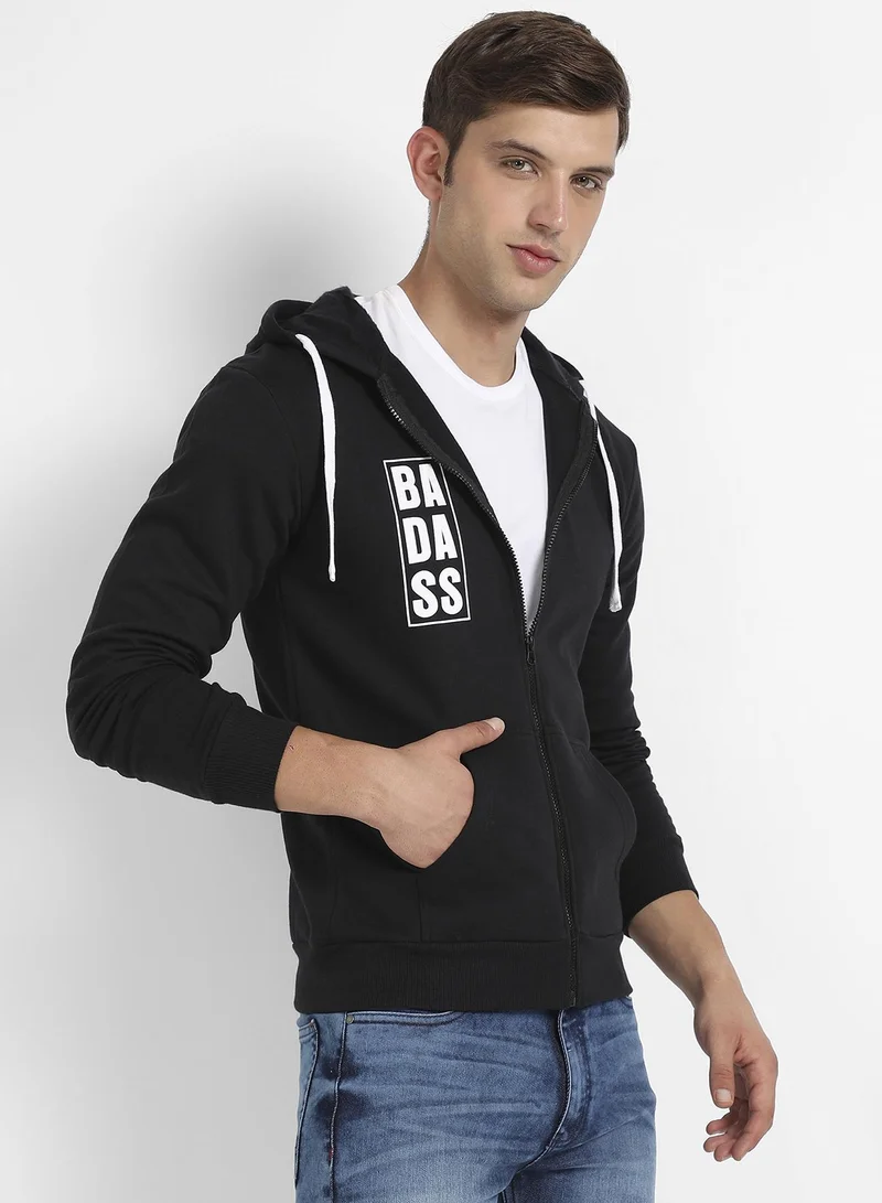 Campus Sutra Men's Black Zip-Front Typographic Print Hoodie