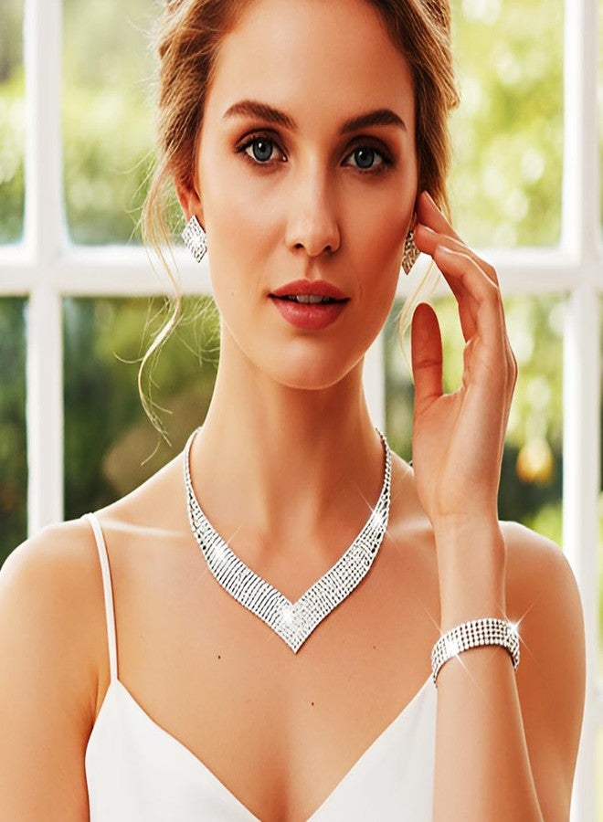 جورايس طقم مجوهرات زفاف من GORAIS، يتضمن قلادة وأقراط وسوار مرصع بأحجار الراين الفضية، مناسب للنساء والعرائس. - Image 3