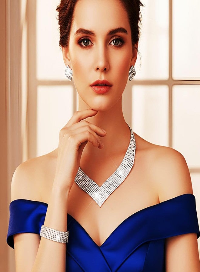 جورايس طقم مجوهرات زفاف من GORAIS، يتضمن قلادة وأقراط وسوار مرصع بأحجار الراين الفضية، مناسب للنساء والعرائس. - Image 4