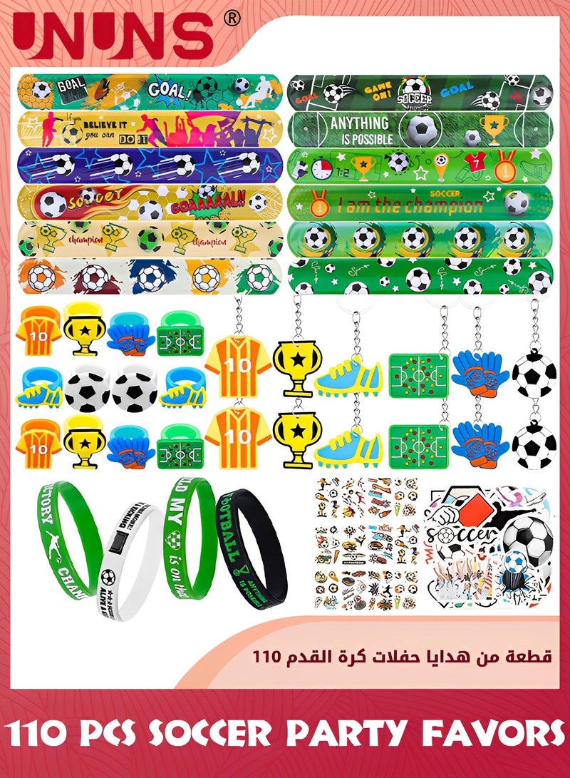 UNUNS 110 Pcs Soccer Party Favors Set,Football Slap Bracelet Stickers Silicone Ring Keychain Tattoo Stickers Whistle Soccer Kits,Sports Party Favors For Boys Girls,Birthday Goodie Gifts Bags Decor  - Image 1