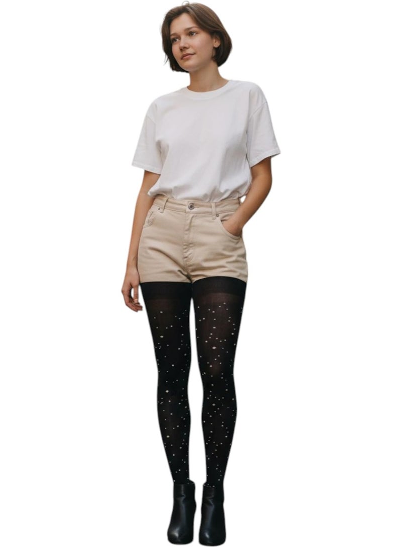 Women's thick embroidered opaque tights, Lycra and polyamide, 110 denier