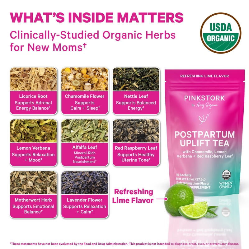 Pink Stork Postpartum Uplift Mood Support Tea: Hormone Balance for Women After Pregnancy, Chamomile Tea with Red Raspberry Leaf for Postpartum Recovery - Postpartum Essentials - Caffeine-Free, 15 Sachets - Image 2