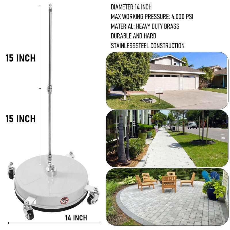 Wexo Palindrog 14" Pressure Washer Surface Cleaner with 4 Wheels, Stainless Steel Power Washer Surface Cleaner for Driveways Sidewalks Patios, 1/4" Quick Connector, 2 Extension Wand, 4000 PSI - Image 2
