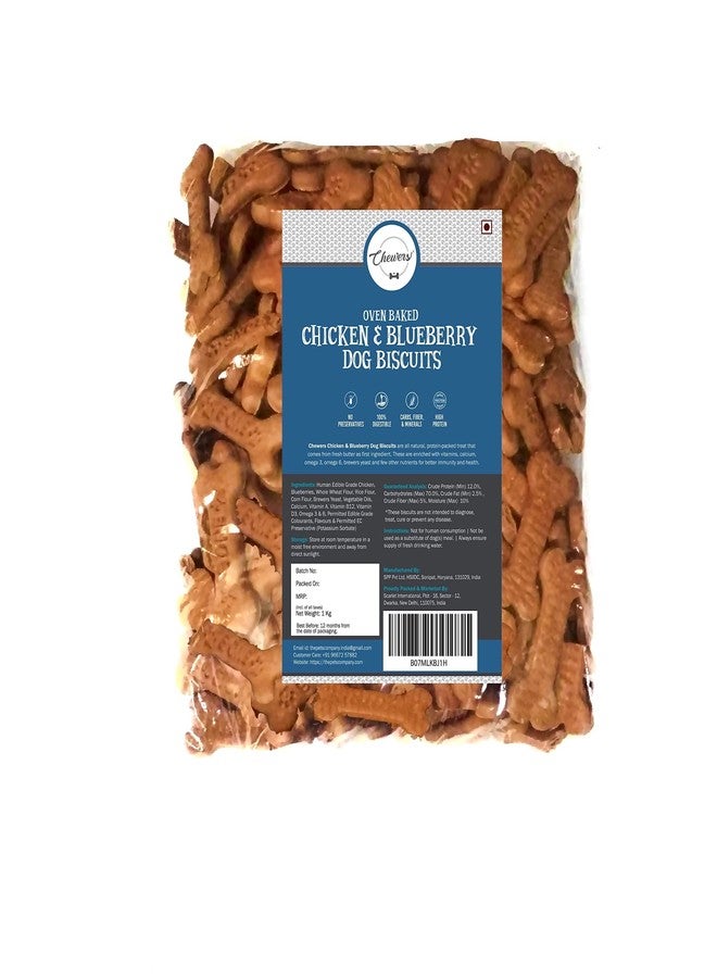 Chewers Oven Baked Real Chicken & Blueberry Dog Biscuits, Chicken Flavour, Dog Treat 1 Kg (Pack of 4) - Image 1