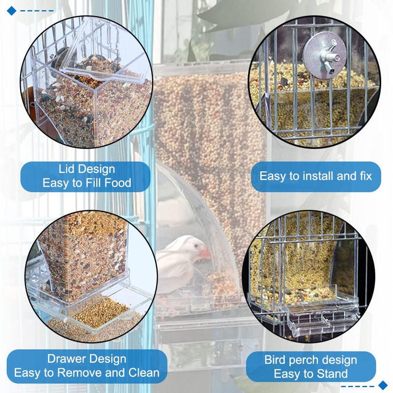Hamiledyi No Mess Bird Cage Feeder 2Pack Automatic Parrot Seed Feeders with Perch Acrylic Transparent Seed Food Container Cage Accessories for Small and Medium Lovebirds Parakeets - Image 3