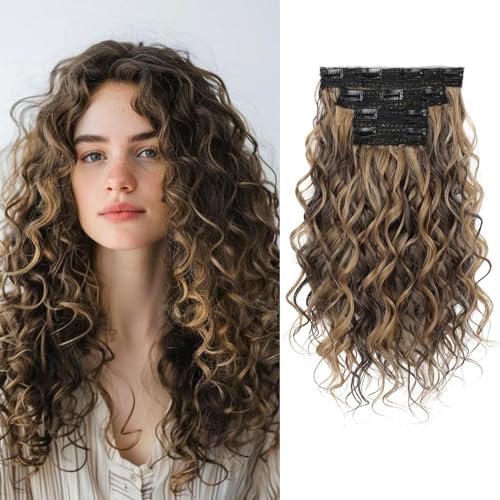 REECHO Curly Hair Extensions 4PCS 16 inch Clip in Hair Extensions Lace Weft Short Curly Hair Extensions Clip Ins Invisible Natural Hairpieces for Women Chocolate Brown with Highlights - Image 1