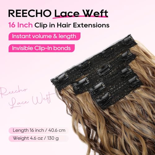 REECHO Curly Hair Extensions 4PCS 16 inch Clip in Hair Extensions Lace Weft Short Curly Hair Extensions Clip Ins Invisible Natural Hairpieces for Women Chocolate Brown with Highlights - Image 3