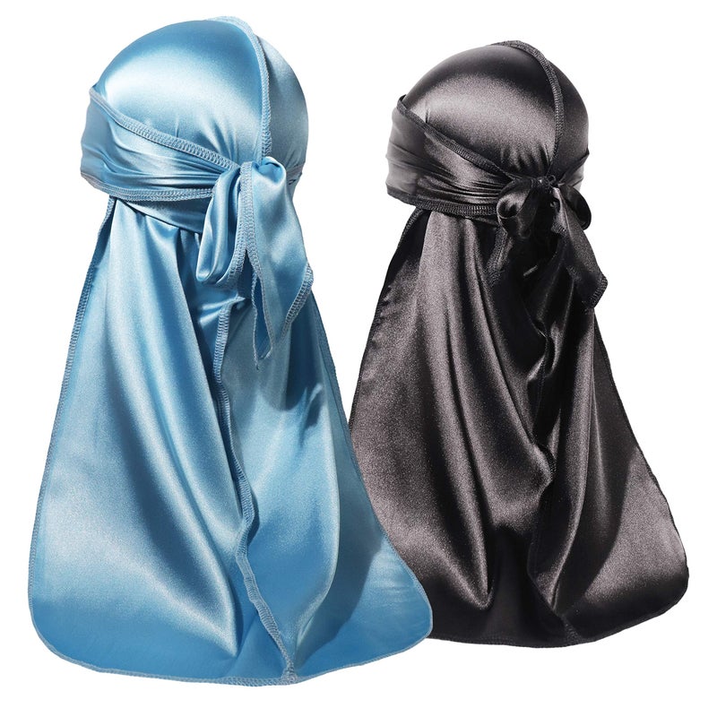 ForceWave 2 Pieces silky Durag Pack for Men Women Waves, Premium Satin Deluxe Du-rag (SkyBlue Black) - Image 2
