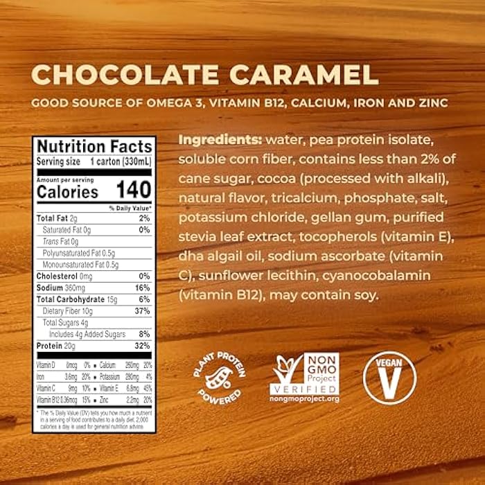 Evolve Plant Based Protein Shake, Chocolate Caramel, 20g Vegan Protein, Dairy Free, No Artificial Sweeteners, Non-GMO, 10g Fiber, 11oz, (12 Pack) - Image 4