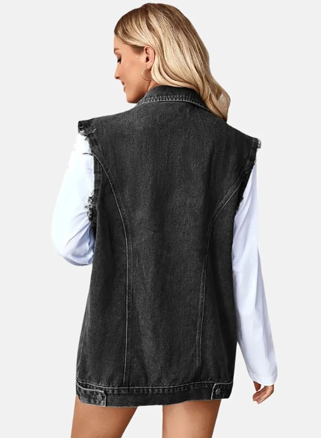 YUNIQEE Black Collared Sleeveless Denim Jacket