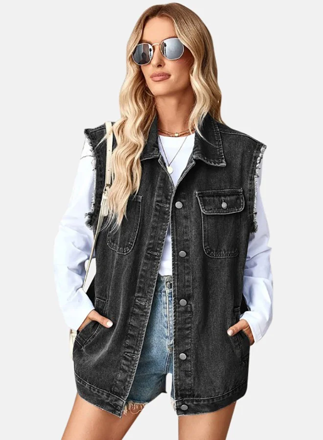 YUNIQEE Black Collared Sleeveless Denim Jacket