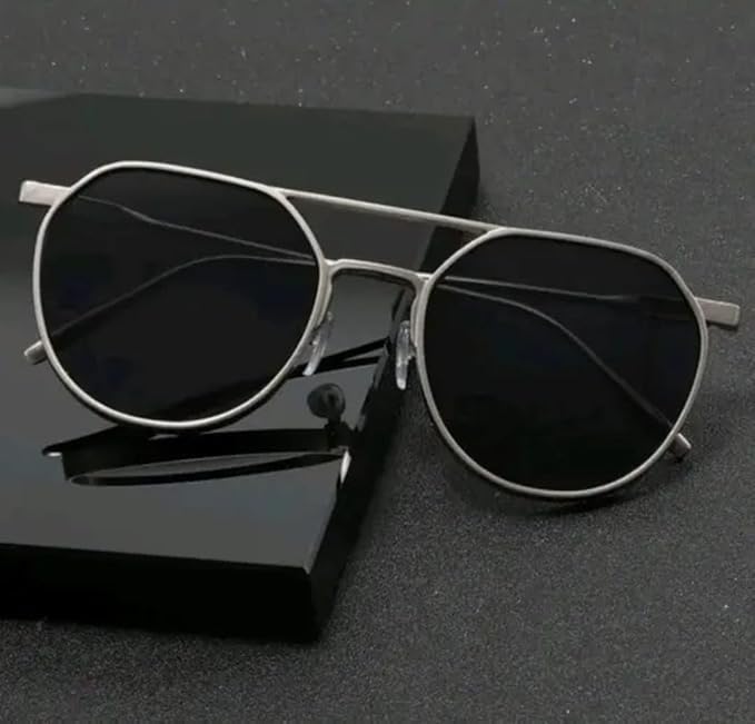 mashamart MashMart ® Geometric Square Aviator Sunglasses, Metal Frame, Black,Gold Big Lens (Silver, Black) - Image 3