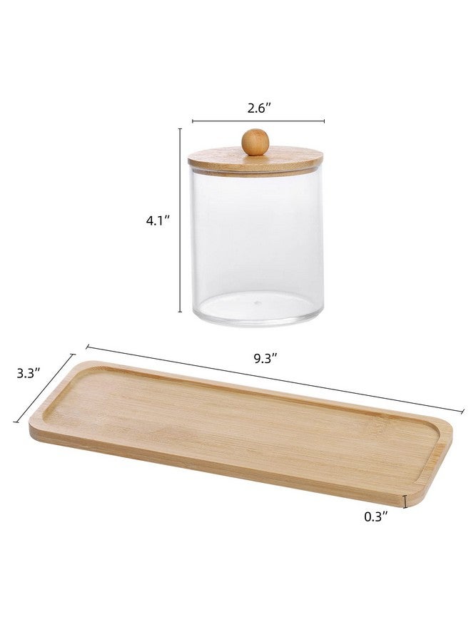 Tbestmax حامل أعواد القطن/الكرات/الوسادات Tbestmax سعة 10 أونص مع صينية تجميل، جرة صيدلية Qtip، حاويات حمام شفافة موزع للتخزين 3 عبوات بأغطية خشبية - Image 2