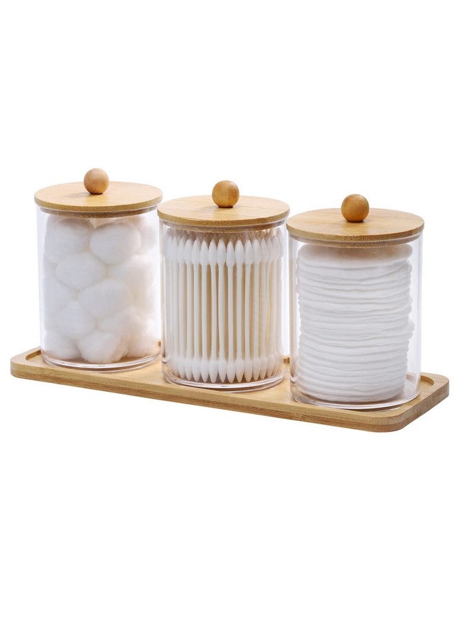 Tbestmax حامل أعواد القطن/الكرات/الوسادات Tbestmax سعة 10 أونص مع صينية تجميل، جرة صيدلية Qtip، حاويات حمام شفافة موزع للتخزين 3 عبوات بأغطية خشبية - Image 1