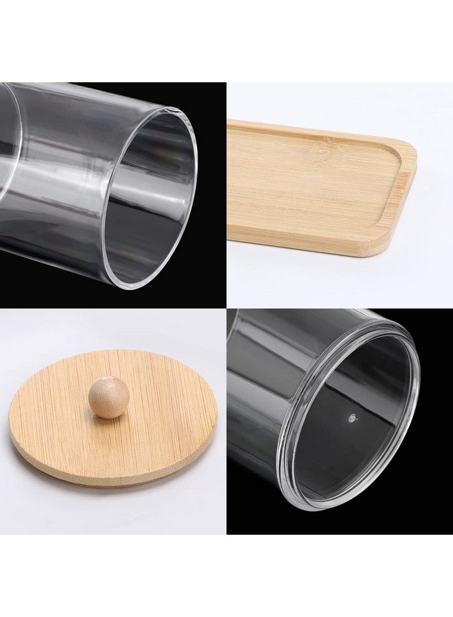 Tbestmax حامل أعواد القطن/الكرات/الوسادات Tbestmax سعة 10 أونص مع صينية تجميل، جرة صيدلية Qtip، حاويات حمام شفافة موزع للتخزين 3 عبوات بأغطية خشبية - Image 3