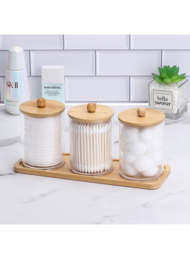 Tbestmax حامل أعواد القطن/الكرات/الوسادات Tbestmax سعة 10 أونص مع صينية تجميل، جرة صيدلية Qtip، حاويات حمام شفافة موزع للتخزين 3 عبوات بأغطية خشبية - Image 5